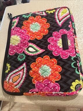 Vera Bradley Black Quilted Laptop Sleeve with Pink, Orange & Green Floral Print